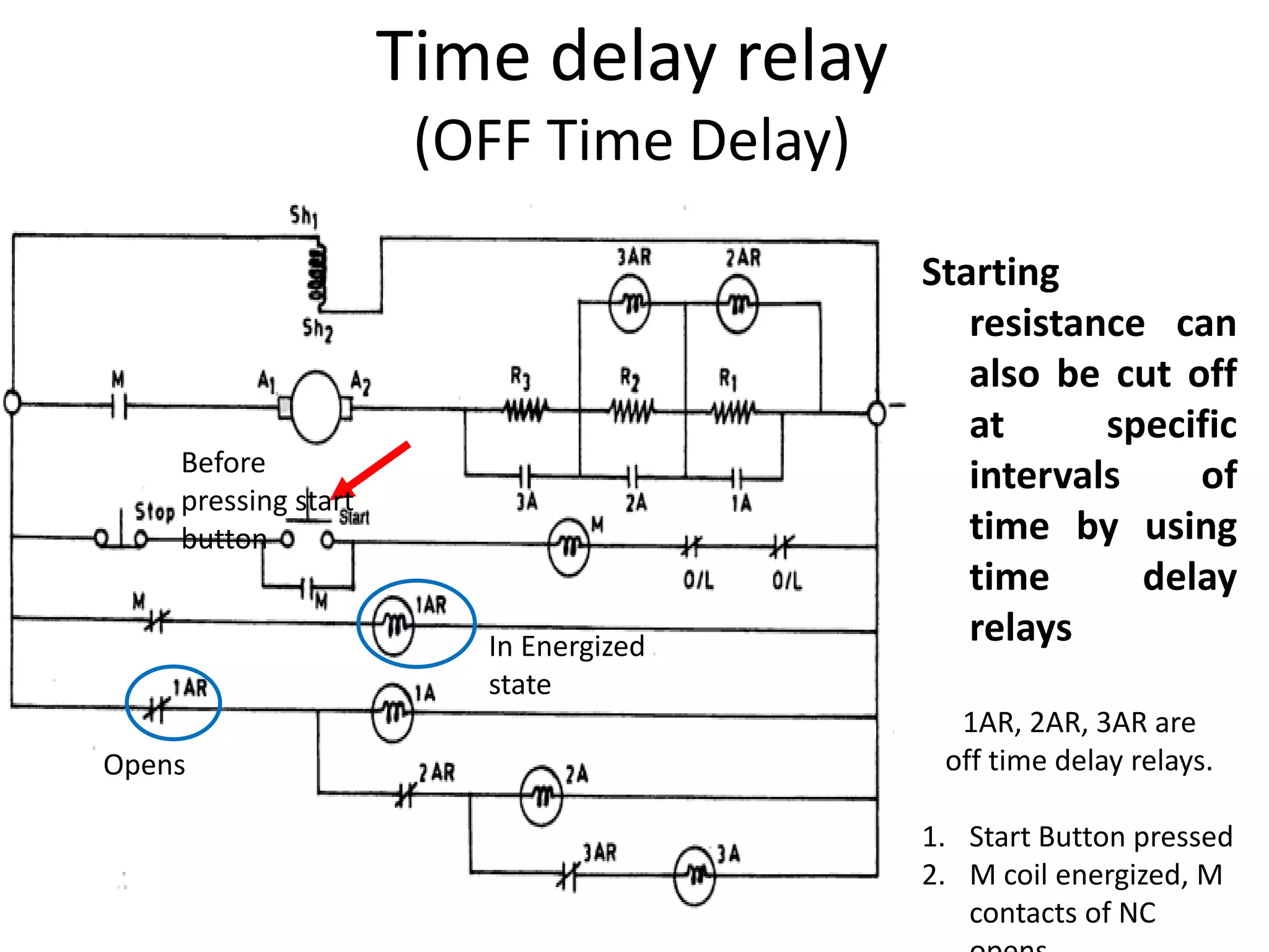Time delay relay
(OFF Time Delay)
Starting
resistance can
also be cut off
at specific
intervals of
time by using
time delay
relays
1AR, 2AR, 3AR are
off time delay relays.
1. Start Button pressed
2. M coil energized, M
contacts of NC
In Energized
state
Opens
Before
pressing start
button
 