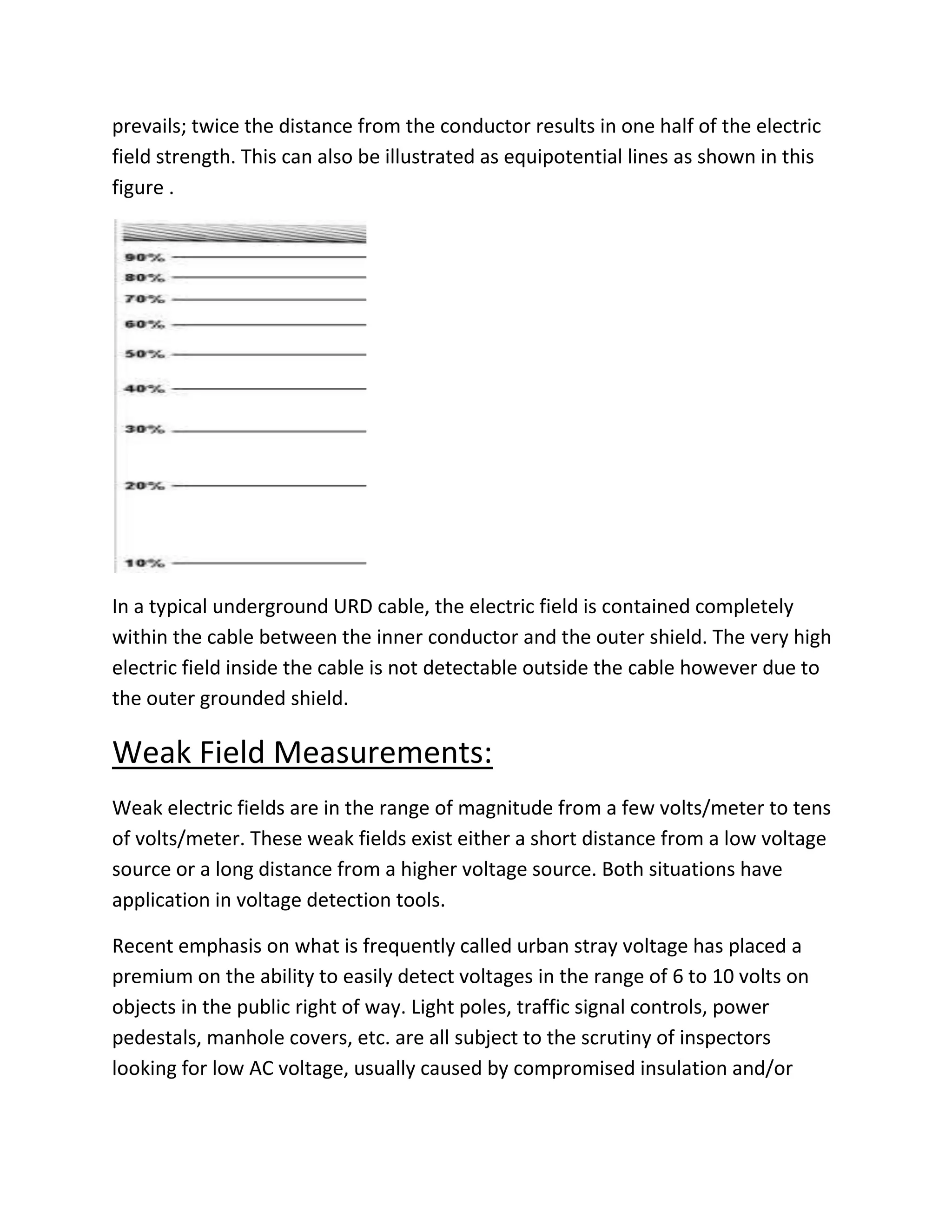 prevails; twice the distance from the conductor results in one half of the electric
field strength. This can also be illustrated as equipotential lines as shown in this
figure .
In a typical underground URD cable, the electric field is contained completely
within the cable between the inner conductor and the outer shield. The very high
electric field inside the cable is not detectable outside the cable however due to
the outer grounded shield.
Weak Field Measurements:
Weak electric fields are in the range of magnitude from a few volts/meter to tens
of volts/meter. These weak fields exist either a short distance from a low voltage
source or a long distance from a higher voltage source. Both situations have
application in voltage detection tools.
Recent emphasis on what is frequently called urban stray voltage has placed a
premium on the ability to easily detect voltages in the range of 6 to 10 volts on
objects in the public right of way. Light poles, traffic signal controls, power
pedestals, manhole covers, etc. are all subject to the scrutiny of inspectors
looking for low AC voltage, usually caused by compromised insulation and/or
 