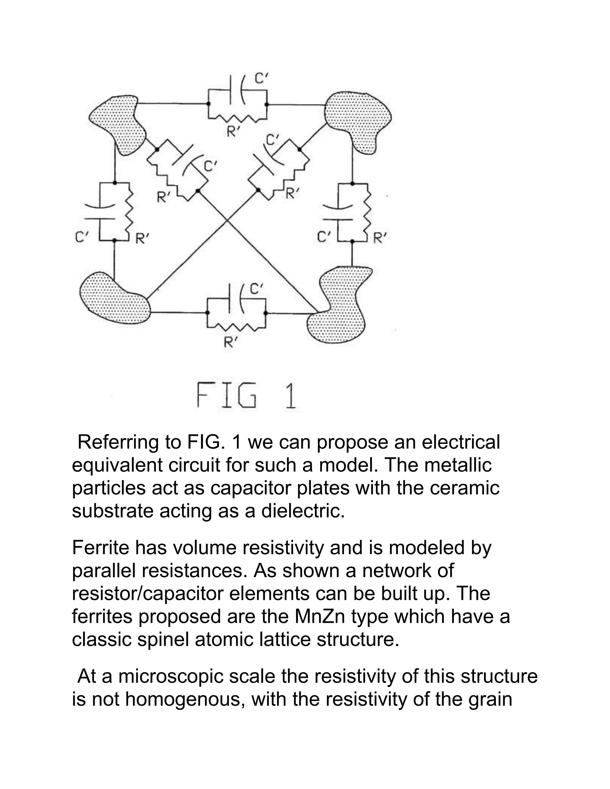 Referring to FIG. 1 we can propose an electrical
equivalent circuit for such a model. The metallic
particles act as capacitor plates with the ceramic
substrate acting as a dielectric.
Ferrite has volume resistivity and is modeled by
parallel resistances. As shown a network of
resistor/capacitor elements can be built up. The
ferrites proposed are the MnZn type which have a
classic spinel atomic lattice structure.
At a microscopic scale the resistivity of this structure
is not homogenous, with the resistivity of the grain
 
