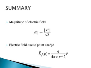  Magnitude of electric field
 Electric field due to point charge
ˆ( )
4 ^ 2
q
q
E p r
r


F
E
Q

 