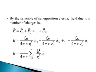 By the principle of superposition electric field due to n
number of charges is,
1 2
1 2
1 22 2 2
1 2
2
1
...
...
4 4 4
1
4
N
n
r r n
n
n
i
ri
i i
E E E E
QQ Q
E a a a
r r r
Q
E a
r
  
 
   
   
  



 