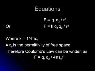 Equations F    q 1  q 2  / r 2 Or  F = k q 1  q 2  / r 2 Where k = 1/4 πε 0 ε 0   is the permittivity of free space Therefore Coulomb’s Law can be written as F = q 1  q 2  / 4 πε 0 r 2 