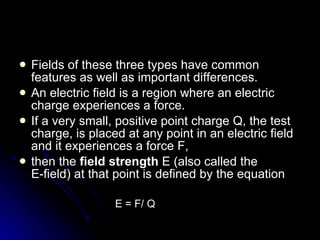 Fields of these three types have common features as well as important differences. An electric field is a region where an electric charge experiences a force. If a very small, positive point charge Q, the test charge, is placed at any point in an electric field and it experiences a force F, then the  field strength  E (also called the E‑field) at that point is defined by the equation E = F/ Q 