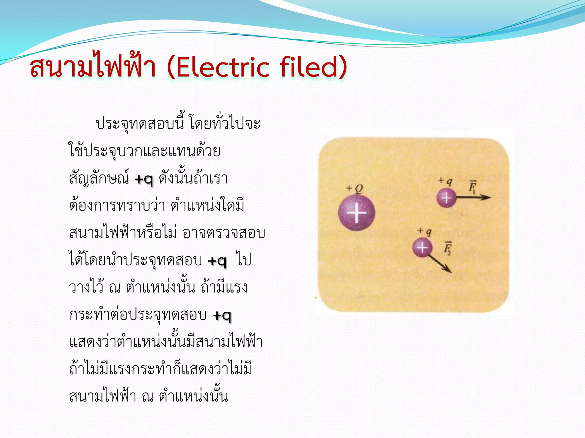 สนามไฟฟ้า (Electric filed)
        ประจุทดสอบนี้ โดยทั่วไปจะ
   ใช้ประจุบวกและแทนด้วย
   สัญลักษณ์ +q ดังนั้นถ้าเรา
   ต้องการทราบว่า ตาแหน่งใดมี
   สนามไฟฟ้าหรือไม่ อาจตรวจสอบ
   ได้โดยนาประจุทดสอบ +q ไป
   วางไว้ ณ ตาแหน่งนั้น ถ้ามีแรง
   กระทาต่อประจุทดสอบ +q
   แสดงว่าตาแหน่งนั้นมีสนามไฟฟ้า
   ถ้าไม่มีแรงกระทาก็แสดงว่าไม่มี
   สนามไฟฟ้า ณ ตาแหน่งนั้น
 