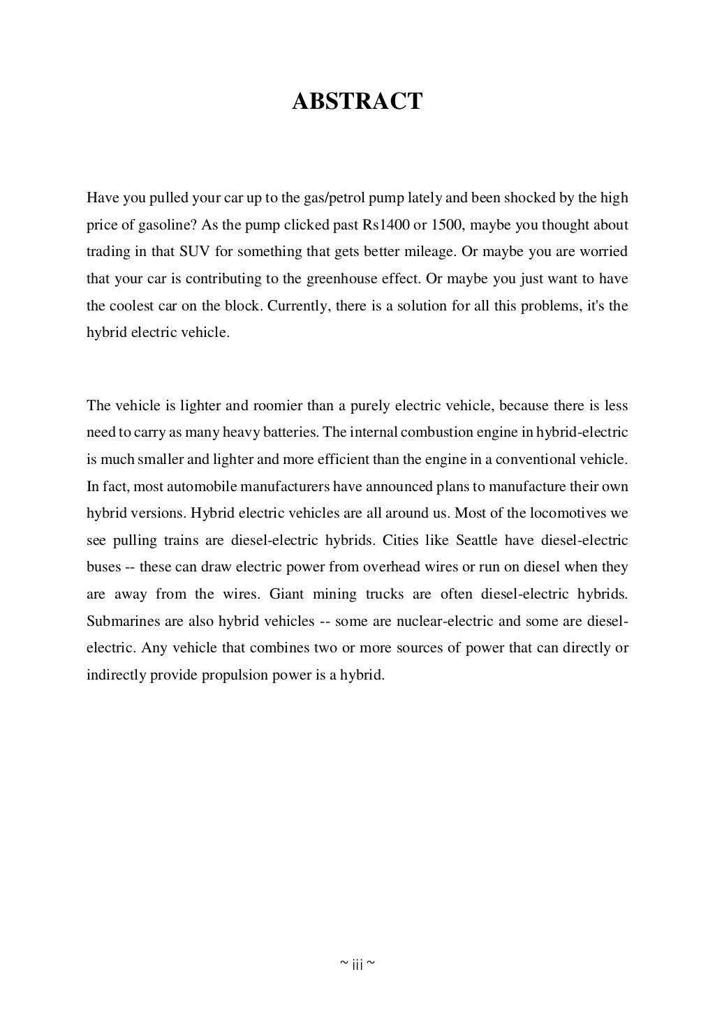 Electric hybrid vehicle Seminar Report