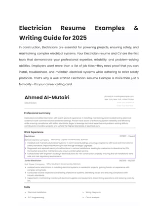 Electrician Resume Examples & Writing Guide for 2025 | PDF