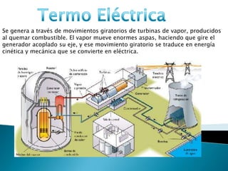 Termo Eléctrica Se genera a través de movimientos giratorios de turbinas de vapor, producidos al quemar combustible. El vapor mueve enormes aspas, haciendo que gire el generador acoplado su eje, y ese movimiento giratorio se traduce en energía cinética y mecánica que se convierte en eléctrica. 