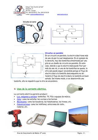 Colegio “San Vicente de Paúl”
               Zamanillo, 4
               39.770 – Laredo
               Tel.: 942.60.55.47- Fax: 942.62.81.09
               e-mail: svplaredo@planalfa.es           www.svplaredo.es




                                       Circuitos en paralelo
                                       En un circuito en paralelo, la electricidad tiene más
                                       de una vía por la cual desplazarse. En el ejemplo de
                                       la derecha, hay dos bombillas alimentadas por una
                                       pila en un diseño de circuito en paralelo. En este
                                       caso, debido a que la electricidad puede fluir por
                                       más de una vía, si una de las bombillas se quema, la
                                       otra aún puede seguir encendida porque el flujo de
                                       electricidad a la bombilla descompuesta no de-
                                       tendrá el flujo de electricidad a la bombilla en buen
                                       estado. Del mismo modo, si se desatornilla una
bombilla, ello no impediría que la otra se encendiera.



   Usos de la corriente eléctrica.

La corriente eléctrica permite producir:
    Luz, imágenes y sonidos: bombillas, TV, PCs o equipos de música.
    Calor: como las estufas, las cocinas o los hornos.
    Movimiento: como las lavadoras, las taladradoras, los trenes, etc.
    Comunicaciones: como los teléfonos, estaciones de radio,
    radares, etc.




   Área de Conocimiento del Medio. 6º curso                                   Página ../5/..
 