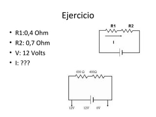 Ejercicio R1:0,4 Ohm R2: 0,7 Ohm V: 12 Volts I: ??? 