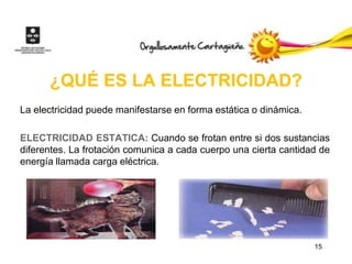 ¿QUÉ ES LA ELECTRICIDAD?
La electricidad puede manifestarse en forma estática o dinámica.

ELECTRICIDAD ESTATICA: Cuando se frotan entre si dos sustancias
diferentes. La frotación comunica a cada cuerpo una cierta cantidad de
energía llamada carga eléctrica.




                                                                   15
 