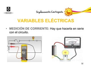 VARIABLES ELÉCTRICAS
• MEDICIÓN DE CORRIENTE: Hay que hacerla en serie
  con el circuito.




                                               32
 