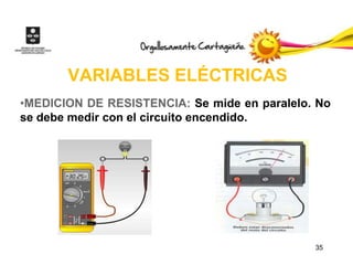 VARIABLES ELÉCTRICAS
•MEDICION DE RESISTENCIA: Se mide en paralelo. No
se debe medir con el circuito encendido.




                                              35
 
