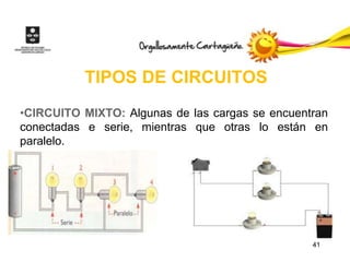 TIPOS DE CIRCUITOS
•CIRCUITO MIXTO: Algunas de las cargas se encuentran
conectadas e serie, mientras que otras lo están en
paralelo.




                                                 41
 