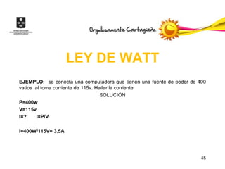 LEY DE WATT
EJEMPLO: se conecta una computadora que tienen una fuente de poder de 400
vatios al toma corriente de 115v. Hallar la corriente.
                                    SOLUCIÓN
P=400w
V=115v
I=?    I=P/V

I=400W/115V= 3.5A




                                                                       45
 
