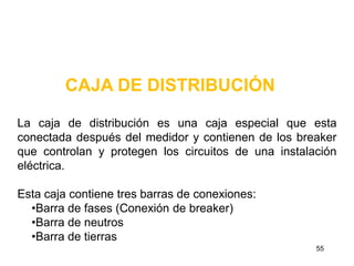 CAJA DE DISTRIBUCIÓN

La caja de distribución es una caja especial que esta
conectada después del medidor y contienen de los breaker
que controlan y protegen los circuitos de una instalación
eléctrica.

Esta caja contiene tres barras de conexiones:
  •Barra de fases (Conexión de breaker)
  •Barra de neutros
  •Barra de tierras
                                                     55
 