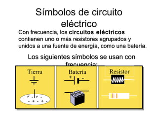 Símbolos de circuito
            eléctrico
Con frecuencia, los circuitos eléctricos
contienen uno o más resistores agrupados y
unidos a una fuente de energía, como una batería.
   Los siguientes símbolos se usan con
                frecuencia:
   Tierra          Batería        Resistor
                   +    -

   + - + -
    - + - + -
 
