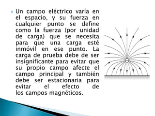  Un campo eléctrico varía en
el espacio, y su fuerza en
cualquier punto se define
como la fuerza (por unidad
de carga) que se necesita
para que una carga esté
inmóvil en ese punto. La
carga de prueba debe de ser
insignificante para evitar que
su propio campo afecte el
campo principal y también
debe ser estacionaria para
evitar el efecto de
los campos magnéticos.
 