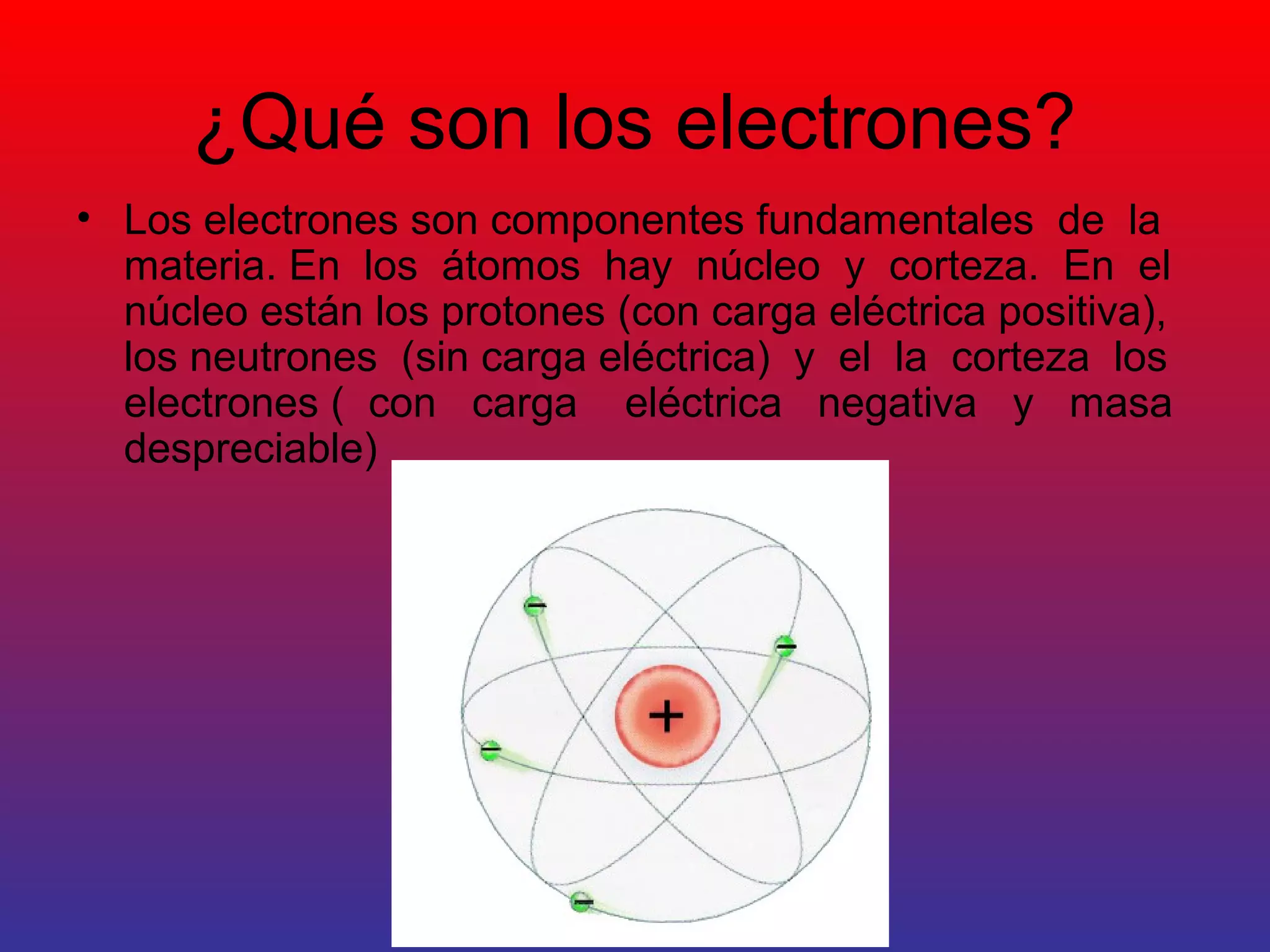 ¿Qué son los electrones? 
• Los electrones son componentes fundamentales de la 
materia. En los átomos hay núcleo y corteza. En el 
núcleo están los protones (con carga eléctrica positiva), 
los neutrones (sin carga eléctrica) y el la corteza los 
electrones ( con carga eléctrica negativa y masa 
despreciable) 
 