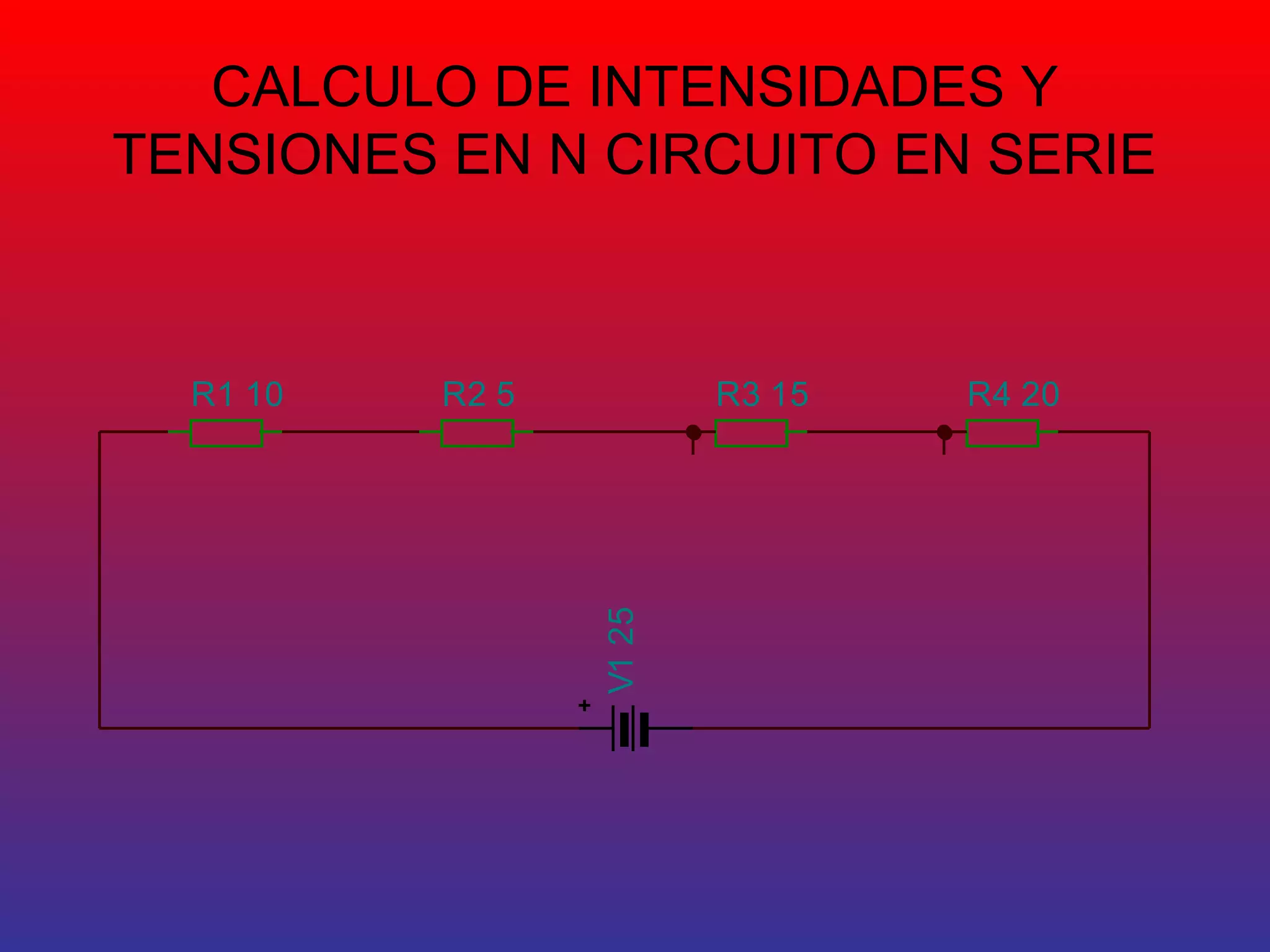 CALCULO DE INTENSIDADES Y 
TENSIONES EN N CIRCUITO EN SERIE 
R1 10 R2 5 R3 15 R4 20 
V1 25 
 