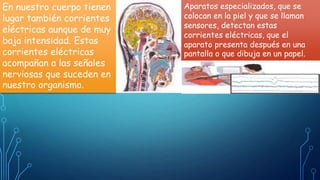 En nuestro cuerpo tienen
lugar también corrientes
eléctricas aunque de muy
baja intensidad. Estas
corrientes eléctricas
acompañan a las señales
nerviosas que suceden en
nuestro organismo.
Aparatos especializados, que se
colocan en la piel y que se llaman
sensores, detectan estas
corrientes eléctricas, que el
aparato presenta después en una
pantalla o que dibuja en un papel.
 