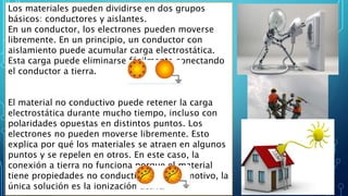 Los materiales pueden dividirse en dos grupos
básicos: conductores y aislantes.
En un conductor, los electrones pueden moverse
libremente. En un principio, un conductor con
aislamiento puede acumular carga electrostática.
Esta carga puede eliminarse fácilmente conectando
el conductor a tierra.
El material no conductivo puede retener la carga
electrostática durante mucho tiempo, incluso con
polaridades opuestas en distintos puntos. Los
electrones no pueden moverse libremente. Esto
explica por qué los materiales se atraen en algunos
puntos y se repelen en otros. En este caso, la
conexión a tierra no funciona porque el material
tiene propiedades no conductivas Por ese motivo, la
única solución es la ionización activa
 