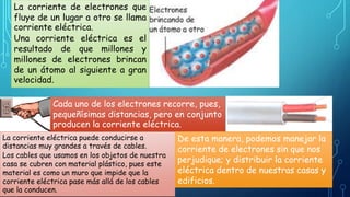 La corriente de electrones que
fluye de un lugar a otro se llama
corriente eléctrica.
Una corriente eléctrica es el
resultado de que millones y
millones de electrones brincan
de un átomo al siguiente a gran
velocidad.
Cada uno de los electrones recorre, pues,
pequeñísimas distancias, pero en conjunto
producen la corriente eléctrica.
La corriente eléctrica puede conducirse a
distancias muy grandes a través de cables.
Los cables que usamos en los objetos de nuestra
casa se cubren con material plástico, pues este
material es como un muro que impide que la
corriente eléctrica pase más allá de los cables
que la conducen.
De esta manera, podemos manejar la
corriente de electrones sin que nos
perjudique; y distribuir la corriente
eléctrica dentro de nuestras casas y
edificios.
 