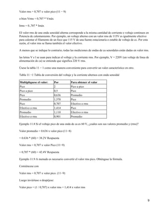 Valor rms = 0,707 x valor pico (11 − 9)
o bien Vrms = 0,707 * Vmáx
Irms = 0.,707 * Imáx
EI valor rms de una onda senoidal alterna corresponde a la misma cantidad de corriente o voltaje continuos en
Potencia de calentamiento. Por ejemplo, un voltaje alterno con un valor rms de 115V es igualmente efectivo
para calentar el filamento de un foco que 115 V de una fuente estacionaria o estable de voltaje de cc. Por esta
razón, el valor rms se llama también el valor efectivo.
A menos que se indique lo contrario, todas las mediciones de ondas de ca senoidales están dadas en valor rms.
las letras V e l se usan para indicar el voltaje y la corriente rms. Por ejemplo, V = 220V (un voltaje de línea de
alimentación de ca) se entiende que significa 220 V rms.
Úsese la tabla 11 − 1 como una manera conveniente para convertir un valor característico en otro.
Tabla 11 −1 Tabla de conversión del voltaje y la corriente alternos con onda senoidal
Multiplíquese el valor: Por Para obtener el valor
Pico 2 Pico a pico
Pico a pico 0,5 Pico
Pico 0,636 Promedio
Promedio 1,570 Pico
Pico 0,707 Efectivo o rms
Efectivo o rms 1,414 Pico
Promedio 1,110 Efectivo o rms
Efectivo o rms 0,901 Promedio
Ejemplo 11.8 Si el voltaje pico de una onda de ca es 60 V, ¿cuáles son sus valores promedio y (rms)?
Valor promedio = 0.636 x valor pico (11−8)
= 0.636 * (60) = 38.2V Respuesta
Valor rms = 0,707 x valor Pico (11−9)
= 0,707 * (60) = 42.4V Respuesta
Ejemplo 11.9 A menudo es necesario convertir el valor rms pico. Obténgase la fórmula.
Comiéncese con
Valor rms = 0,707 x valor pico. (11−9)
Luego inviértase o despéjese:
Valor pico = (1 / 0,707) x valor rms = 1,414 x valor rms
9
 