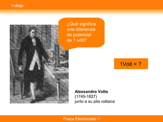 Física Electricidad 1
¿Qué significa
una diferencia
de potencial
de 1 volt?
1Volt = ?
Alessandro Volta
(1745-1827)
junto a su pila voltaica
Voltaje
 