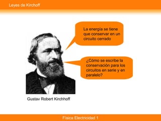 Física Electricidad 1
La energía se tiene
que conservar en un
circuito cerrado
¿Cómo se escribe la
conservación para los
circuitos en serie y en
paralelo?
Gustav Robert Kirchhoff
Leyes de Kirchoff
 