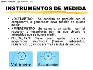 Beatriz Planelles – IES Pedro de Luna
INSTRUMENTOS DE MEDIDA
• VOLTÍMETRO: Se conecta en paralelo con el
componente o generador cuya tensión se quiere
medir.
• AMPERÍMETRO: Se conecta en serie con el
receptor o receptores por los que circula la
intensidad que se quiere medir.
• POLÍMETRO: Sirve para medir diferentes
magnitudes eléctricas (tensión, intensidad,
resistencia, …) en diferentes escalas de medida.
 