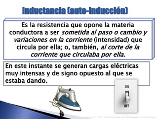Inductancia (auto-inducción)
Martín, R. (s.f.). Electroterapia en Fisioterapia. Panamericana.
Es la resistencia que opone la materia
conductora a ser sometida al paso o cambio y
variaciones en la corriente (intensidad) que
circula por ella; o, también, al corte de la
corriente que circulaba por ella.
En este instante se generan cargas eléctricas
muy intensas y de signo opuesto al que se
estaba dando.
 
