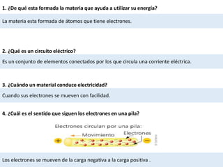 2. ¿Qué es un circuito eléctrico?
Es un conjunto de elementos conectados por los que circula una corriente eléctrica.
3. ¿Cuándo un material conduce electricidad?
Cuando sus electrones se mueven con facilidad.
4. ¿Cuál es el sentido que siguen los electrones en una pila?
Los electrones se mueven de la carga negativa a la carga positiva .
1. ¿De qué esta formada la materia que ayuda a utilizar su energía?
La materia esta formada de átomos que tiene electrones.
 