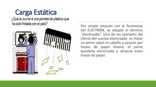 Por simple relación con el fenómeno
del ELECTRÓN, se adoptó el término
“electrizado”. Uno de los ejemplos del
efecto del cuerpo electrizado es frotar
un peine sobre el cabello y pasarlo por
trozos de papel liviano, el peine
quedaría electrizado y atraería estos
trozos de papel.
Carga Estática
 