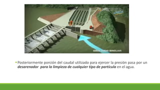 ▪Posteriormente porción del caudal utilizado para ejercer la presión pasa por un
desarenador para la limpieza de cualquier tipo de partícula en el agua.
 