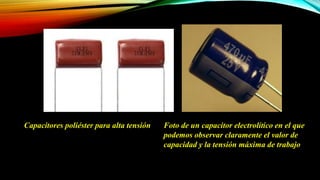 Capacitores poliéster para alta tensión Foto de un capacitor electrolítico en el que
podemos observar claramente el valor de
capacidad y la tensión máxima de trabajo
 