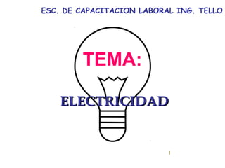 TEMA:
ELECTRICIDADELECTRICIDAD
ESC. DE CAPACITACION LABORAL ING. TELLO
 