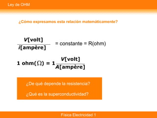 Ley de OHM



    ¿Cómo expresamos esta relación matemáticamente?




                      = constante = R(ohm)




        ¿De qué depende la resistencia?

        ¿Qué es la superconductividad?



                        Física Electricidad 1
 