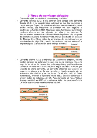 5
3-Tipos de corriente eléctrica
Existen dos tipos de corriente: la continua y la alterna.
Corriente continua (C.C.) a esta también se la conoce como corriente
directa (C.D.) y su característica principal es que los electrones o
cargas siempre fluyen, dentro de un circuito eléctrico cerrado, en el
mismo sentido. Los electrones se trasladan del polo negativo al
positivo de la fuente de FEM. Algunas de estas fuentes que suministran
corriente directa son por ejemplo las pilas y las baterías. Su
descubrimiento se remonta a la invención de la primera pila por parte
del científico italiano Alessandri Volta. No fue sino hasta los trabajos
de Thomas Alva Edison sobre la generación de electricidad en las
postrimerías del siglo XIX, cuando la corriente continua comenzó a
emplearse para la transmisión de la energía eléctrica.
Corriente alterna (C.A.) a diferencia de la corriente anterior, en esta
existen cambios de polaridad ya que esta no se mantiene fija a lo
largo de los ciclos de tiempo. Los polos negativos y positivos de esta
corriente se invierten a cada instante, según los Hertz o ciclos por
segundo de dicha corriente. La corriente eléctrica que poseen los
hogares es alterna y es la que permite el funcionamiento de los
artefactos electrónicos y de las luces. En el año 1882 el físico,
matemático, inventor e ingeniero Nikola Tesla, diseñó y construyó el
primer motor de inducción de CA. Posteriormente el físico William
Stanley, reutilizó, en 1885, el principio de inducción para transferir la
CA entre dos circuitos eléctricamente aislados.
 
