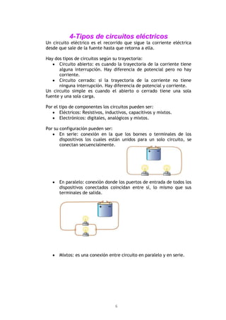 6
4-Tipos de circuitos eléctricos
Un circuito eléctrico es el recorrido que sigue la corriente eléctrica
desde que sale de la fuente hasta que retorna a ella.
Hay dos tipos de circuitos según su trayectoria:
Circuito abierto: es cuando la trayectoria de la corriente tiene
alguna interrupción. Hay diferencia de potencial pero no hay
corriente.
Circuito cerrado: si la trayectoria de la corriente no tiene
ninguna interrupción. Hay diferencia de potencial y corriente.
Un circuito simple es cuando el abierto o cerrado tiene una sola
fuente y una sola carga.
Por el tipo de componentes los circuitos pueden ser:
Eléctricos: Resistivos, inductivos, capacitivos y mixtos.
Electrónicos: digitales, analógicos y mixtos.
Por su configuración pueden ser:
En serie: conexión en la que los bornes o terminales de los
dispositivos los cuales están unidos para un solo circuito, se
conectan secuencialmente.
En paralelo: conexión donde los puertos de entrada de todos los
dispositivos conectados coincidan entre sí, lo mismo que sus
terminales de salida.
Mixtos: es una conexión entre circuito en paralelo y en serie.
 