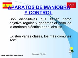 APARATOS DE MANIOBRA Y CONTROL   Son dispositivos que tienen como objetivo regular y gobernar el paso de la corriente eléctrica por el circuito.   Existen varias clases, los más comunes son:   