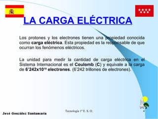LA CARGA ELÉCTRICA   Los protones y los electrones tienen una propiedad conocida como  carga eléctrica . Esta propiedad es la responsable de que ocurran los fenómenos eléctricos. La unidad para medir la cantidad de carga eléctrica en el Sistema Internacional es el  Coulomb  ( C ) y equivale a la carga de  6’242x10 18  electrones . (6’242 trillones de electrones).   