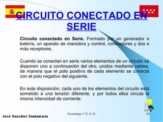 CIRCUITO CONECTADO EN SERIE Circuito conectado en Serie.  Formado por un generador o batería, un aparato de maniobra y control, conductores y dos o más receptores.   Cuando se conectan en serie varios elementos de un circuito se disponen uno a continuación del otro, unidos mediante cables, de manera que el polo positivo de cada elemento se conecta con el polo negativo del siguiente.   En esta disposición, cada uno de los elementos del circuito está sometido a una tensión diferente, y por todos ellos circula la misma intensidad de corriente. 