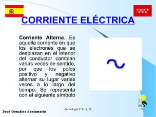 CORRIENTE ELÉCTRICA Corriente Alterna . Es aquella corriente en que los electrones que se desplazan en el interior del conductor cambian varias veces de sentido, por que los polos positivo y negativo alternar su lugar varias veces a lo largo del tiempo. Se representa con el siguiente símbolo  