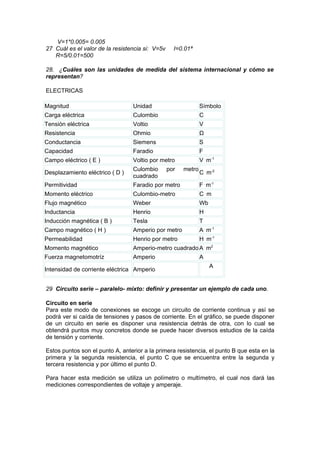 V=1*0.005= 0.005
27 Cuál es el valor de la resistencia si: V=5v     I=0.01ª
   R=5/0.01=500

28. ¿Cuáles son las unidades de medida del sistema internacional y cómo se
representan?

ELECTRICAS

Magnitud                         Unidad                        Símbolo
Carga eléctrica                  Culombio                      C
Tensión eléctrica                Voltio                        V
Resistencia                      Ohmio                         Ω
Conductancia                     Siemens                       S
Capacidad                        Faradio                       F
Campo eléctrico ( E )            Voltio por metro              V . m-1
                                 Culombio        por   metro
Desplazamiento eléctrico ( D )                                 C . m-2
                                 cuadrado
Permitividad                     Faradio por metro             F . m-1
Momento eléctrico                Culombio-metro                C.m
Flujo magnético                  Weber                         Wb
Inductancia                      Henrio                        H
Inducción magnética ( B )        Tesla                         T
Campo magnético ( H )            Amperio por metro             A . m-1
Permeabilidad                    Henrio por metro              H . m-1
Momento magnético                Amperio-metro cuadrado A . m2
Fuerza magnetomotríz             Amperio                       A
                                                                    A
Intensidad de corriente eléctrica Amperio


29 Circuito serie – paralelo- mixto: definir y presentar un ejemplo de cada uno.

Circuito en serie
Para este modo de conexiones se escoge un circuito de corriente continua y así se
podrá ver si caída de tensiones y pasos de corriente. En el gráfico, se puede disponer
de un circuito en serie es disponer una resistencia detrás de otra, con lo cual se
obtendrá puntos muy concretos donde se puede hacer diversos estudios de la caída
de tensión y corriente.

Estos puntos son el punto A, anterior a la primera resistencia, el punto B que esta en la
primera y la segunda resistencia, el punto C que se encuentra entre la segunda y
tercera resistencia y por último el punto D.

Para hacer esta medición se utiliza un polímetro o multímetro, el cual nos dará las
mediciones correspondientes de voltaje y amperaje.
 