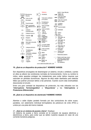 19. ¿Qué es un dispositivo de protección? NOMBRE VARIOS

Son dispositivos encargados de desenergizar un sistema, circuito o artefacto, cuando
en ellos se alteran las condiciones normales de funcionamiento. Como su nombre lo
indica, estos aparatos protegen las instalaciones para evitar daños mayores que
redunden en pérdidas económicas. Algunos de ellos están diseñados para detectar
fallas que podrían provocar daños a las personas. Cuando ocurre esta eventualidad,
desconectan el circuito.
Entre una gran variedad de dispositivos de protección, los más utilizados son los
“Interruptores Termomagnético” o “Disyuntores” y los “Interruptores o
Protectores Diferenciales”.

20. ¿Qué es un dispositivo de alambrado? NOMBRE VARIOS


Alambre o cable dúplex paralelo formado por dos conductores de cobre suave,
paralelos, con aislamiento individual termoplástico de policloruro de vinilo (PVC) y
unidos por una pista del mismo material.


21. ¿Qué es un sistema de puesta a tierra?. Explique
Un sistema de puesta a tierra consiste en la conexión de equipos eléctricos y
electrónicos a tierra, para evitar que se dañen nuestros equipos en caso de una
corriente transitoria peligrosa.
 