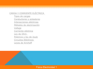 CARGA Y CORRIENTE ELÉCTRICA 
Tipos de cargas 
Conductores y aisladores 
Interacciones eléctricas 
Métodos de electrización 
Voltaje 
Corriente eléctrica 
Ley de Ohm 
Potencia y ley de Joule 
Circuitos Eléctricos 
Leyes de Kirchoff 
Física Electricidad 1 
 