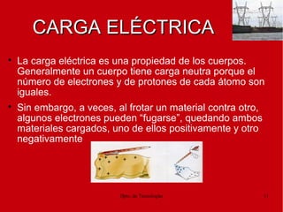 Dpto. de Tecnologías 11
CARGA ELÉCTRICACARGA ELÉCTRICA

La carga eléctrica es una propiedad de los cuerpos.
Generalmente un cuerpo tiene carga neutra porque el
número de electrones y de protones de cada átomo son
iguales.

Sin embargo, a veces, al frotar un material contra otro,
algunos electrones pueden “fugarse”, quedando ambos
materiales cargados, uno de ellos positivamente y otro
negativamente
 
