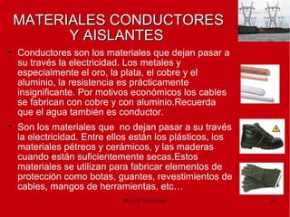 Dpto. de Tecnologías 14
MATERIALES CONDUCTORESMATERIALES CONDUCTORES
Y AISLANTESY AISLANTES

Conductores son los materiales que dejan pasar a
su través la electricidad. Los metales y
especialmente el oro, la plata, el cobre y el
aluminio, la resistencia es prácticamente
insignificante. Por motivos económicos los cables
se fabrican con cobre y con aluminio.Recuerda
que el agua también es conductor.

Son los materiales que no dejan pasar a su través
la electricidad. Entre ellos están los plásticos, los
materiales pétreos y cerámicos, y las maderas
cuando están suficientemente secas.Estos
materiales se utilizan para fabricar elementos de
protección como botas, guantes, revestimientos de
cables, mangos de herramientas, etc…
 