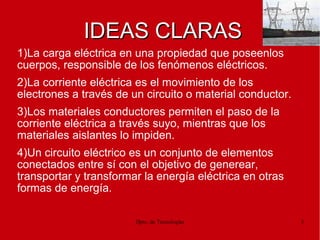 Dpto. de Tecnologías 3
IDEAS CLARASIDEAS CLARAS
1)La carga eléctrica en una propiedad que poseenlos
cuerpos, responsible de los fenómenos eléctricos.
2)La corriente eléctrica es el movimiento de los
electrones a través de un circuito o material conductor.
3)Los materiales conductores permiten el paso de la
corriente eléctrica a través suyo, mientras que los
materiales aislantes lo impiden.
4)Un circuito eléctrico es un conjunto de elementos
conectados entre sí con el objetivo de generear,
transportar y transformar la energía eléctrica en otras
formas de energía.
 