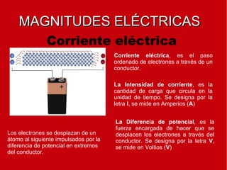 Corriente eléctrica
Corriente eléctrica, es el paso
ordenado de electrones a través de un
conductor.
La Intensidad de corriente, es la
cantidad de carga que circula en la
unidad de tiempo. Se designa por la
letra I, se mide en Amperios (A)
La Diferencia de potencial, es la
fuerza encargada de hacer que se
desplacen los electrones a través del
conductor. Se designa por la letra V,
se mide en Voltios (V)
Los electrones se desplazan de un
átomo al siguiente impulsados por la
diferencia de potencial en extremos
del conductor.
MAGNITUDES ELÉCTRICASMAGNITUDES ELÉCTRICAS
 